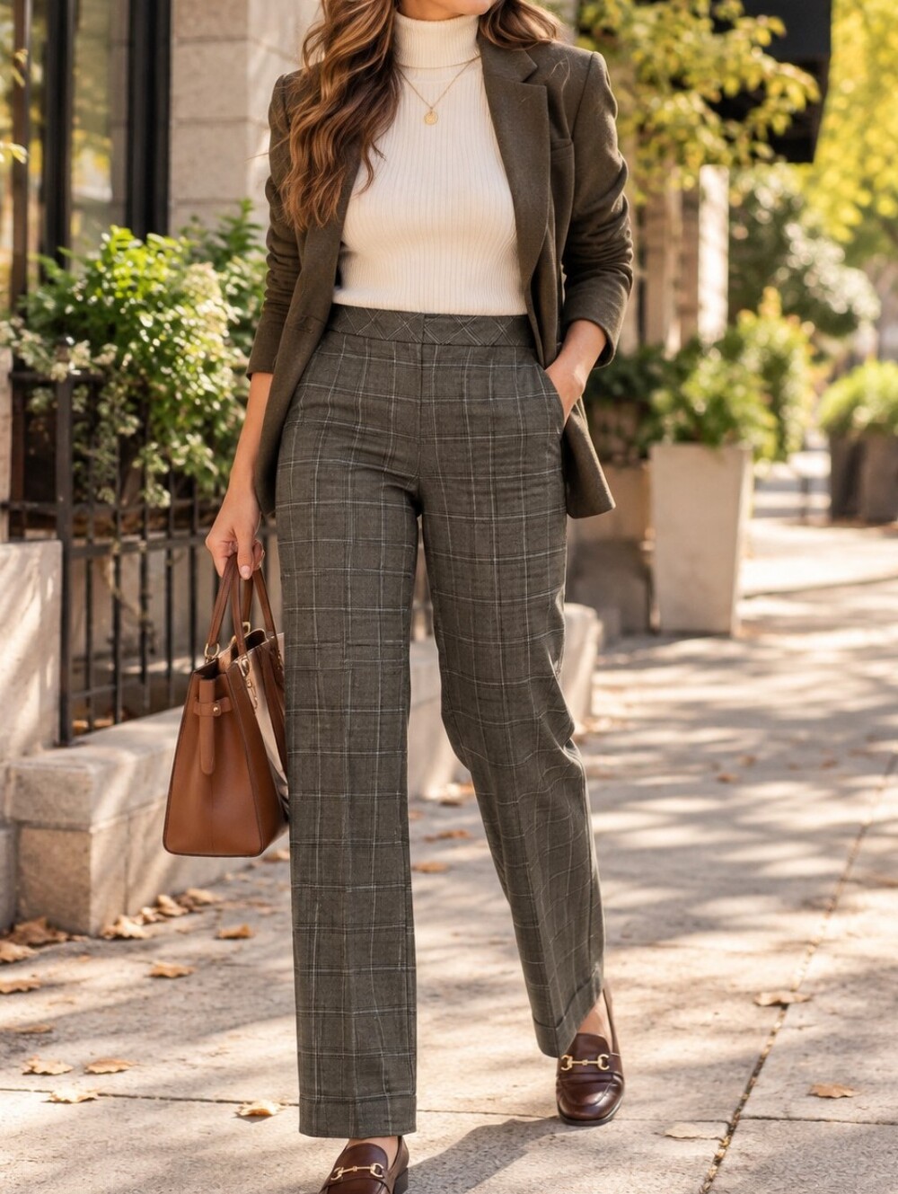 Talbots Olive Gray Plaid Straight Leg Dress Pants Career Trousers Casual